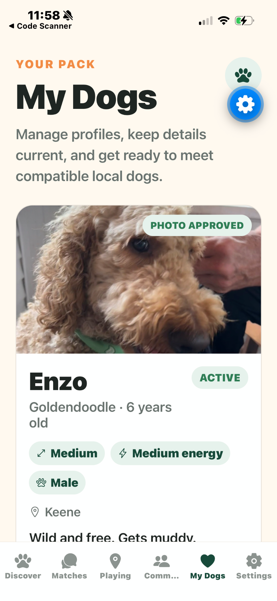 My Dogs screen showing Enzo's profile